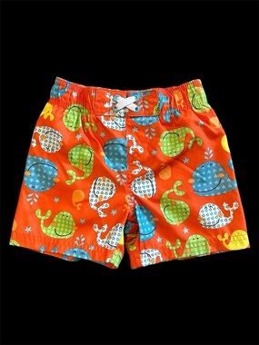 Swiggles Baby Boy Orange Swim Trunks w/ Blue & Green Whale Print Summer Sz 18 mo